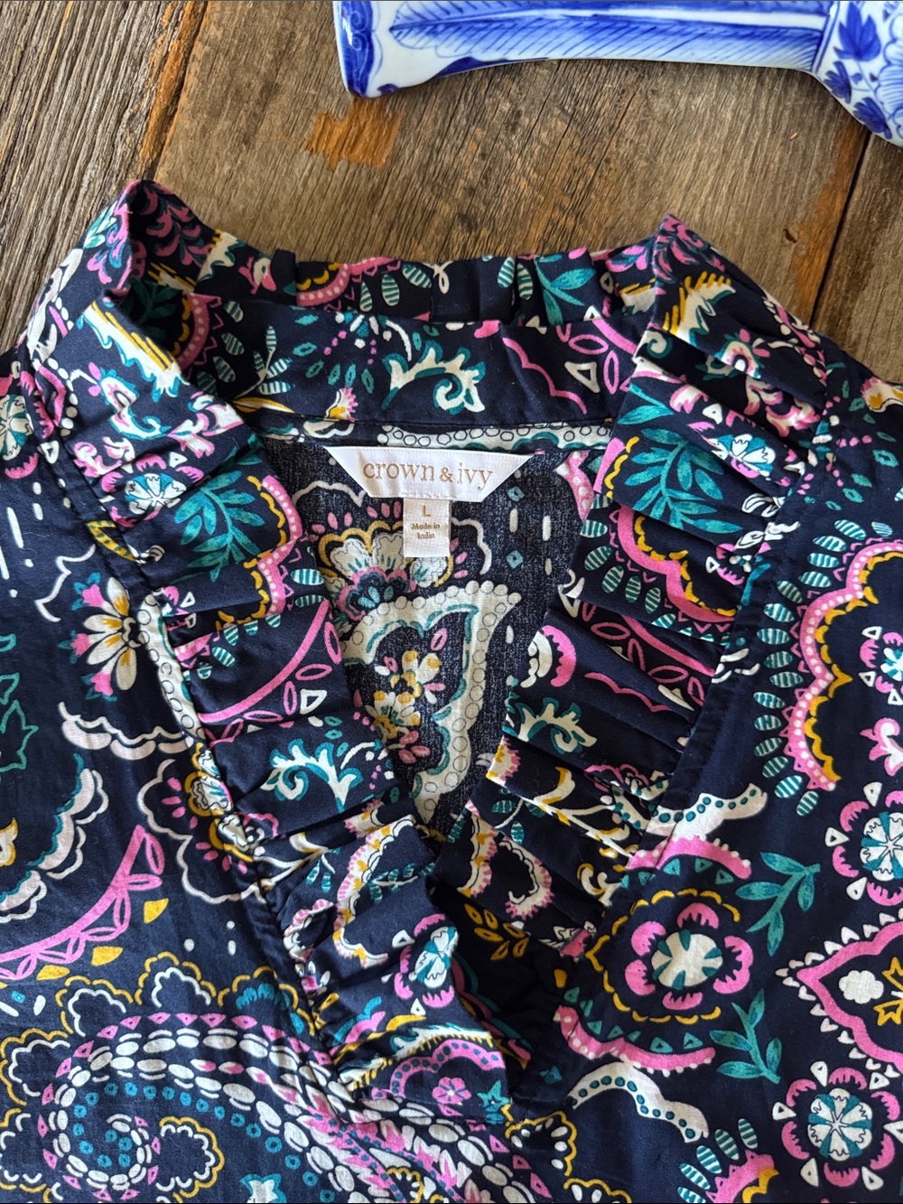 Crown & Ivy Puff Sleeve Ruffle Neck Paisley Printed Dress Size Large - Picture 4 of 11